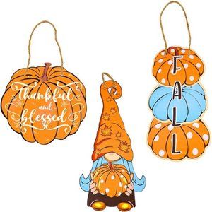 Fall Wood Door Hanging Decorations, Thankful & Blessed - Set of 3